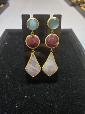 New-Turkish-Triple Stone Drop Earrings -Gemstone/Glass
